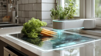 Kitchen sink with a carrot and a bunch of green vegetables on it