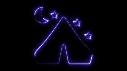 Neon tent under starry night sky with crescent moon glowing purple abstract camping adventure travel exploration - Powered by Adobe