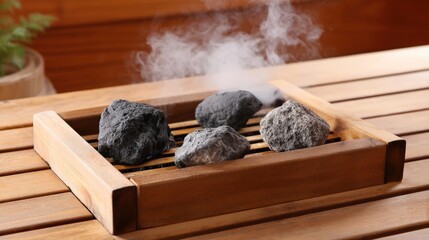 Soft wisps of steam rising from heated rocks in a traditional sauna, enhancing warmth and comfort.