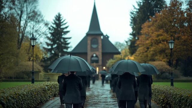 People walking with umbrellas on a rainy day towards a church in a park surrounded by autumn trees
