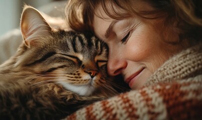 Close-up of a senior grandmother cuddling her cat at home, sharing a warm and loving moment in the comfort of her living room, Generative AI