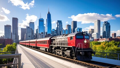 Fototapeta premium Red passenger train on elevated tracks against a modern city skyline under a bright sunny sky