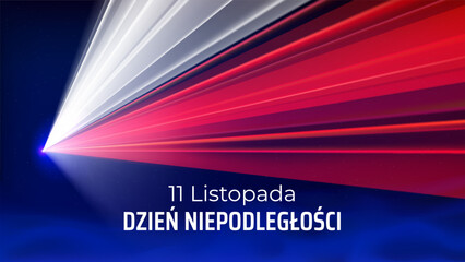 November 11th, poland independence day. Polish flag laser light show. National holiday. Laser beams, dj light party. Vector greetings card. Translation November 11 Independence Day