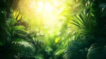 Lush tropical foliage bathed in sunlight.