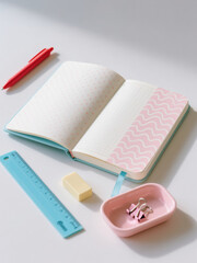 A pastel-themed stationery setup with a notebook, ruler, pen, eraser, and binder clips, perfect for organizing or journaling.