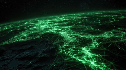 Glowing green network across a dark planet