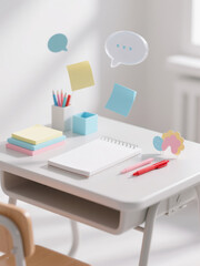 Minimalist desk setup with pastel sticky notes, a notebook, and pens, featuring floating speech bubble decorations in a bright room.