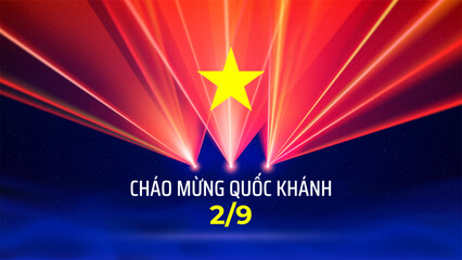 September 2, vietnam independence day. Vietnamese flag laser light show. National holiday. Laser beams, dj light party. Vector greetings card. Translation September 2nd Independence Day