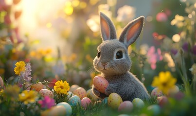 Close-up of the Easter Bunny hiding Easter eggs in a garden, capturing the excitement and joy of the holiday, Generative AI