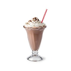 Chocolate milkshake in glass sundae cup topped with whipped cream and straw