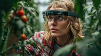 Woman wearing a pair of glasses is looking at a tomato