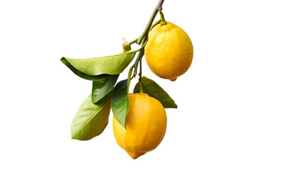 Bright yellow citrus fruits hanging from a branch with green leaves against a dark background