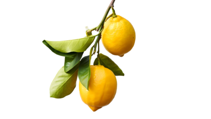 Bright yellow citrus fruits hanging from a branch with green leaves against a dark background