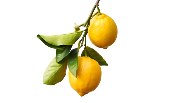 Bright yellow citrus fruits hanging from a branch with green leaves against a dark background