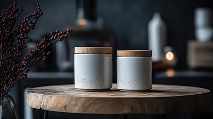 Two white ceramic jars with wooden lids sit on a rustic wooden table, in front of a dark, moody background. A cluster of red berries adds a touch of warmth