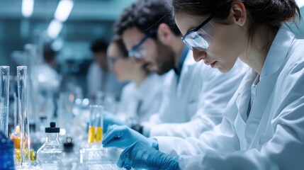 Group of scientists are working in a lab, with one woman wearing a lab coat