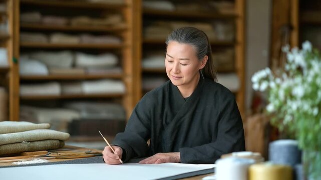 A dedicated craftswoman repairing a tapestry in her workshop
