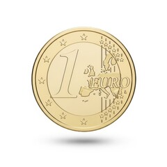 Close up of a golden one euro coin with detailed engraving on a white background