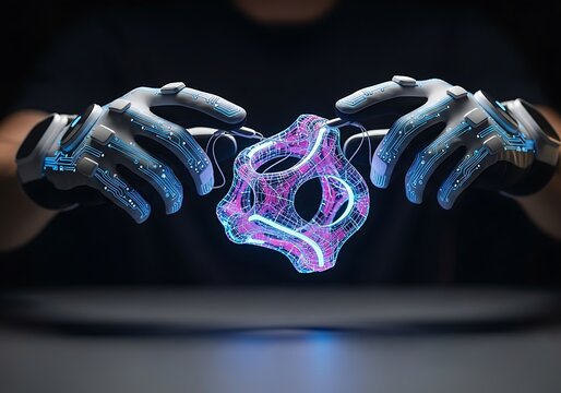 Futuristic technological interface with glowing gloves manipulating abstract object