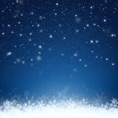a scattering of white snowflakes and small sparkles at the top, digital art, Blue winter background with snow and snowflakes. A winter-themed background with a deep blue gradient,