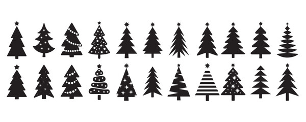 Obraz premium Set of Various Black Christmas Trees with Stars, Ornaments, and Patterns for Holiday Season Graphics and Art