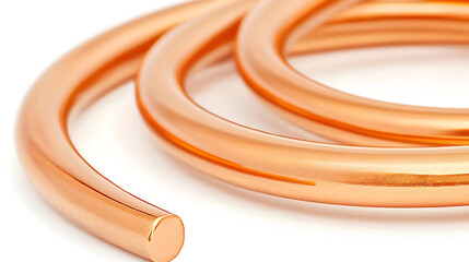 Copper coil, close-up view. Smooth, polished copper wire is coiled, showing a polished, reddish-orange hue.  A portion of the coil is cut and presented against white background