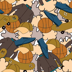 Colorful seamless pattern showcasing basketballs, caps, skateboards, jackets, and shoes in a random layout.
