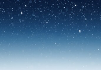Blue winter background with snow and snowflackes. A winter-themed background with a deep blue gradient, a scattering of white snowflakes and small sparkles at the top, digital art.
