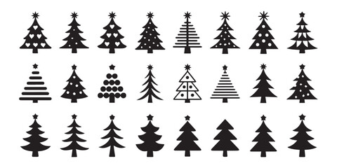 Obraz premium Stylish Black Christmas Trees with Stars, Snowflakes, and Ornaments for Seasonal Designs and Decorations