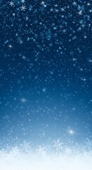 a scattering of white snowflakes and small sparkles at the top, digital art, Blue winter background with snow and snowflakes. A winter-themed background with a deep blue gradient,