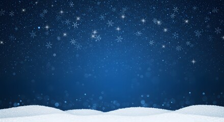 digital art, Blue winter background with snow and snowflackes. A winter-themed background with a deep blue gradient, a scattering of white snowflakes and small sparkles at the top, 
