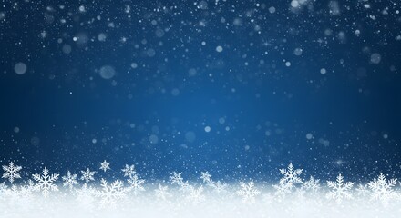 Blue winter background with snow and snowflackes. A winter-themed background with a deep blue gradient, a scattering of white snowflakes and small sparkles at the top, digital art.
