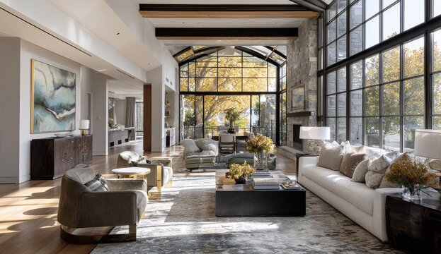 Sunlit living room with high ceilings, large windows, and modern furnishings
