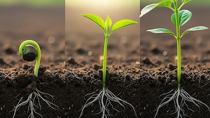 Plant Growth Stages: Seedling Development from Sprout to Young Plant with Visible Roots in Soil - Powered by Adobe