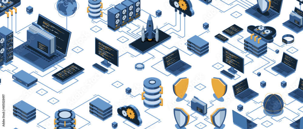 Poster isometric data network management. cloud storage data and synchronization of devices. networking, da