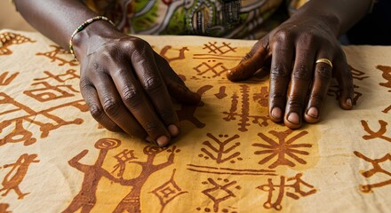 Handcraftsmanship in Focus: Close-up of a craftsperson's hands meticulously working on a hand-printed textile, showcasing a tapestry of intricate patterns and designs.