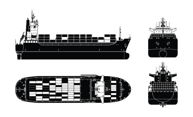 Detailed Vector Illustration of a Container Ship, Side, Front and Top Views.