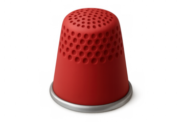 Metallic-based red thimble protecting fingertips, positioned on clear surface for precise sewing technique and crafting safety
