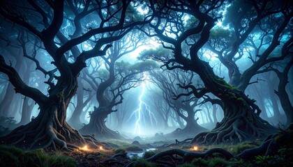 Haunted Forest Under Flashing Storm Clouds