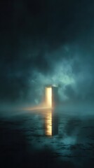 Doorway with bright light shining through, reflecting on dark ground, surrounded by fog