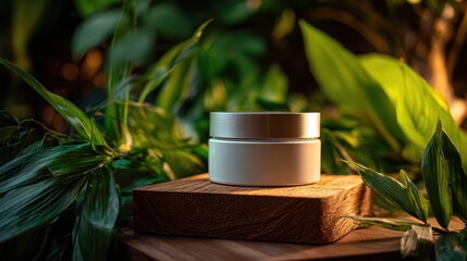 White cosmetic cream jar with wooden lid displayed on a wooden block surrounded by vibrant green plants, promoting natural skincare. 