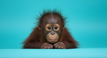 Adorable baby orangutan with soulful eyes resting on turquoise surface looks directly at viewer
