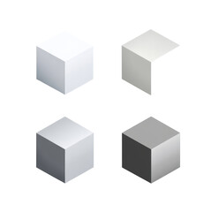 Fototapeta premium Four grayscale cubes arranged in a 2x2 grid. Each cube displays a different shade of gray, from pure white to dark gray