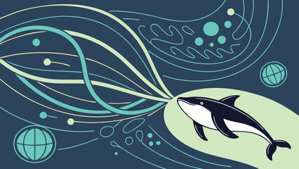 Obraz premium Illustration of a killer whale with flowing lines and globe shapes on a dark blue background design style
