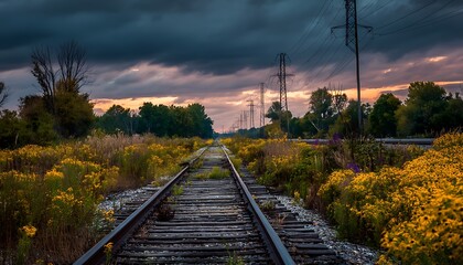 Fototapeta premium An old, forgotten railway line disappearing into the horizon under a dramatic, cloudy sky at dusk, with nature's wildflowers taking over.