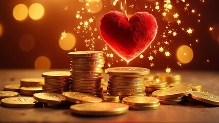 A red heart resting on stacks of gold coins with a bokeh background in a warm light setting - Powered by Adobe