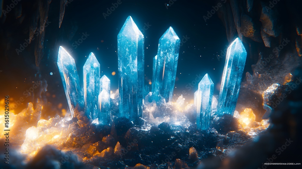 Poster cluster of luminous, crystalline structures in a subterranean environment.