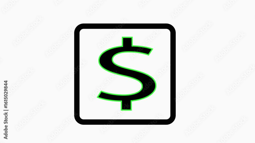 Poster animated illustration of a dollar sign inside a rectangular shape with a green outline. dollar symbo