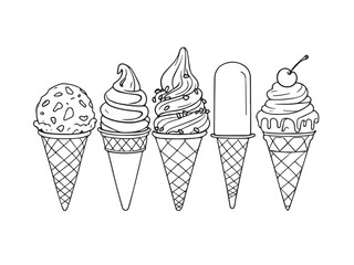Variety of ice cream icons in simple linear art