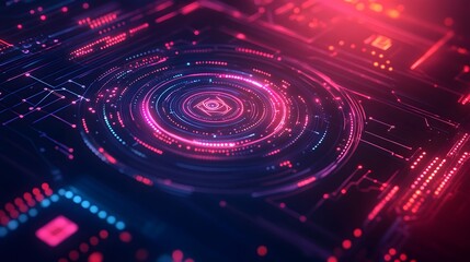 A glowing, complex digital interface design with concentric circles and circuit patterns.